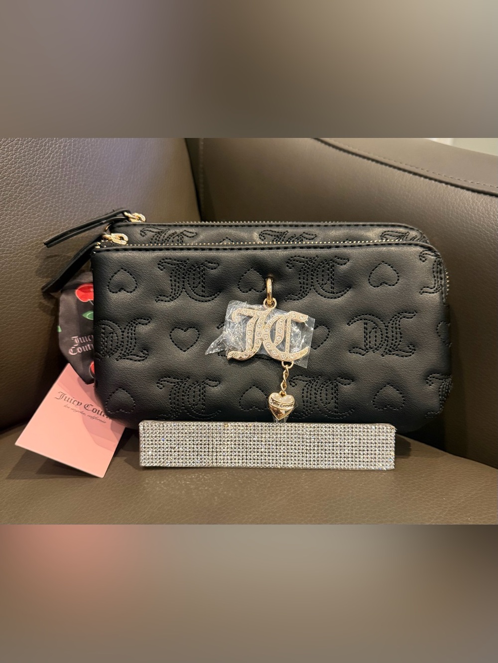 Juicy Couture Black Quilted Logo Heart Charm Wristlet